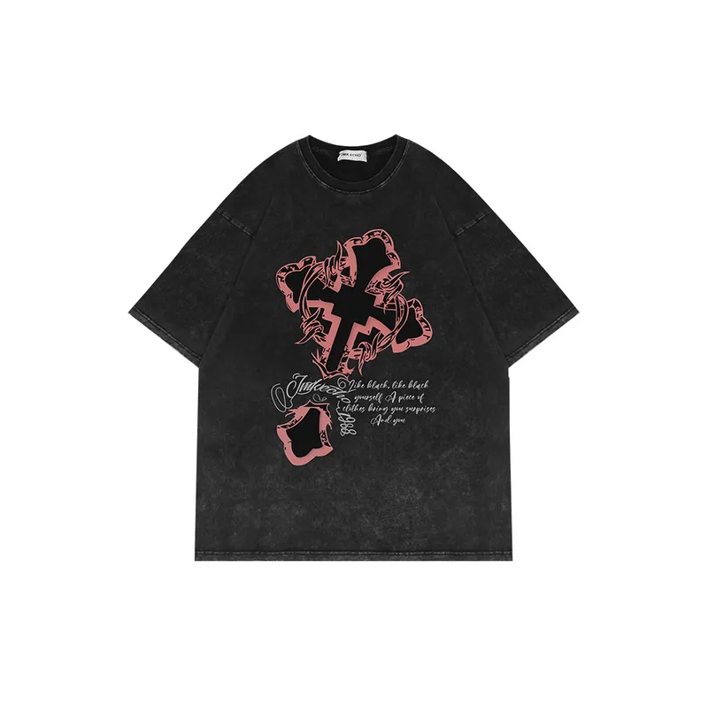Retro Dark Cross Printed Washed Short sleeved T shirt-9