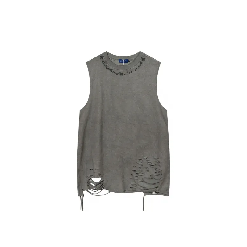 Retro Butterfly Print Distressed Sleeveless Vest-0