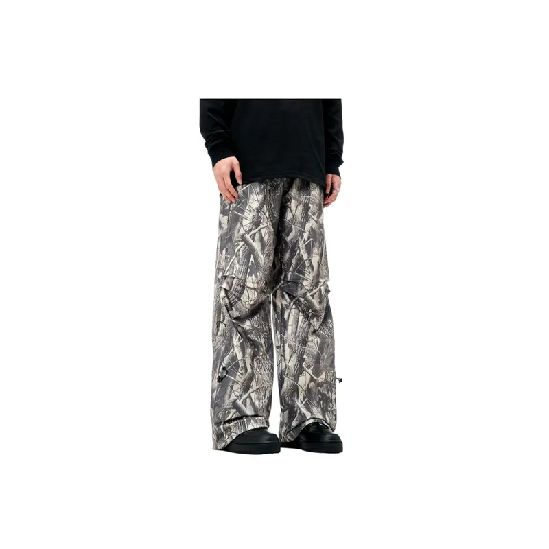 Casual Retro Design Leaf Camouflage Street Drawstring Loose Wide Leg Pants-1
