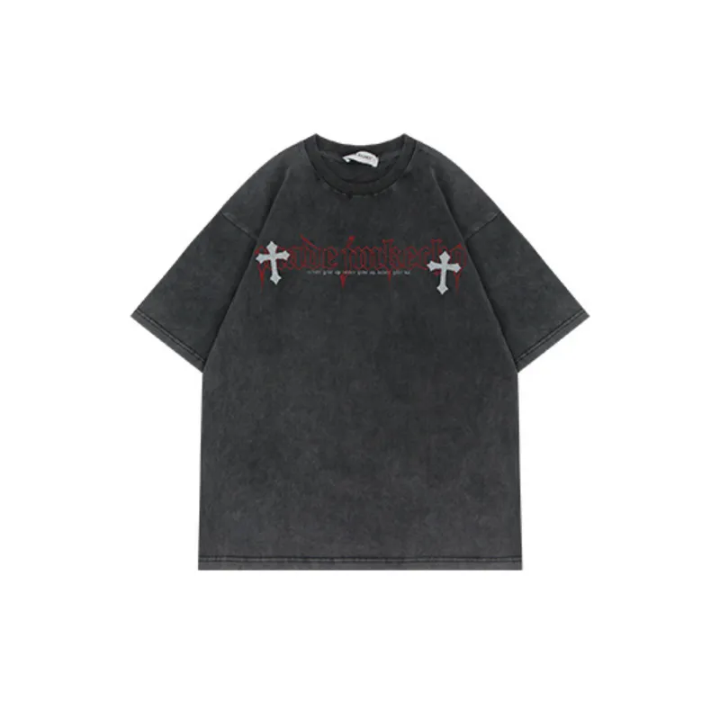 Vintage Cross Printed Washed Short sleeved T shirt-16