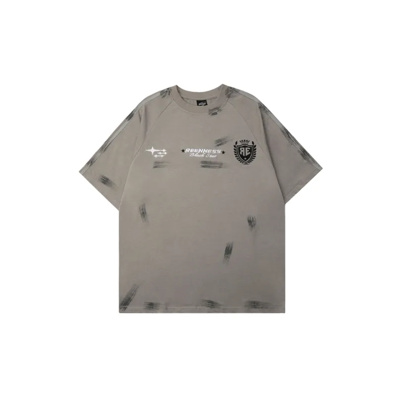 Logo Embroidery Hand painted Old Casual Loose Short sleeved T shirt-2