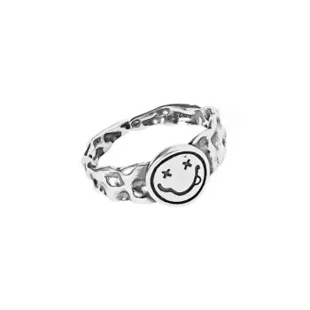 Tide White S925 Silver Smiley Face Ring Opening Adjustable Niche Design Accessories Tail Ring Tide