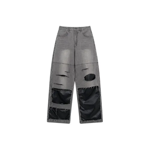 Fashion Retro Ripped PU Leather Patchwork Loose Straight Denim Pants