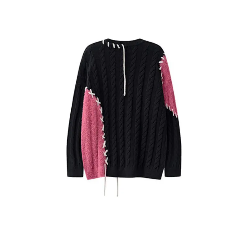 Retro Irregular Contrast Color Wear Rope Sweater-1