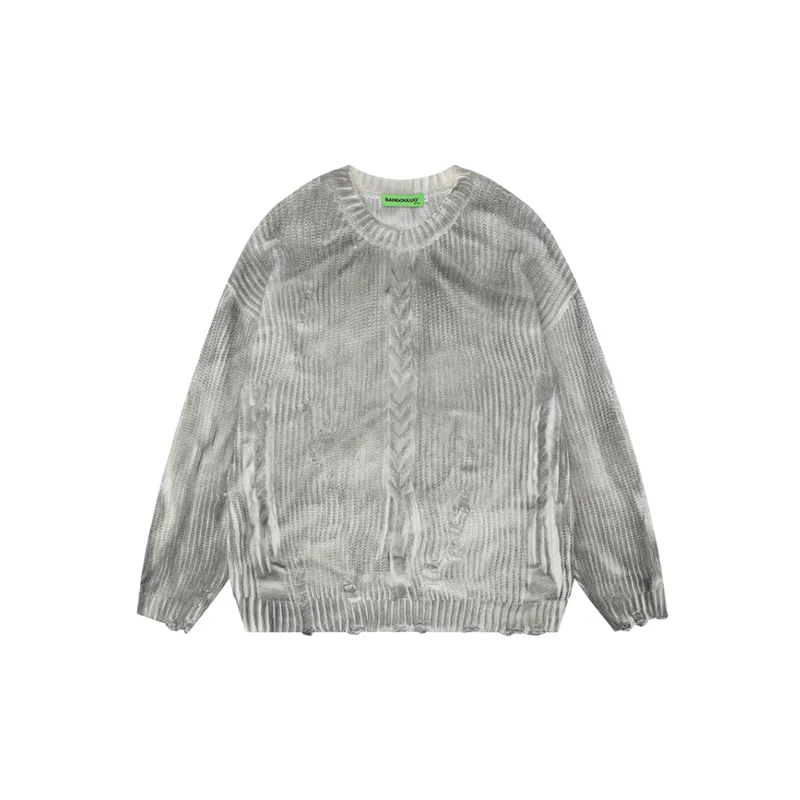 Retro Design Feeling Hole Round Neck Sweater-0