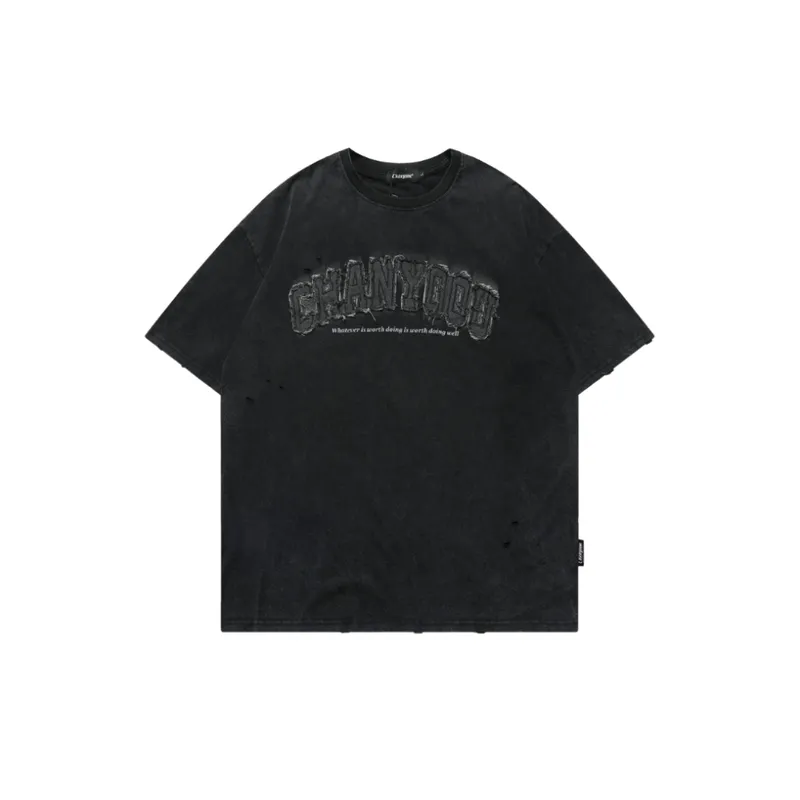 Hip Hop Embroidered Crewneck Short Sleeve Washed T shirt-5