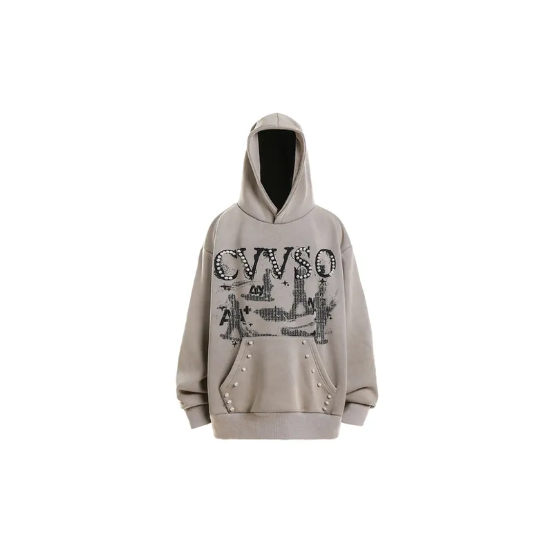 Retro Hip Hop Washed Old Fleece Pearl Decorative Loose Fashionable Sweatshirt-0