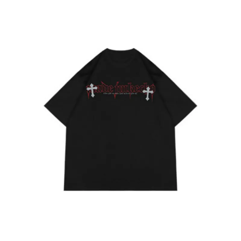 Vintage Cross Printed Washed Short sleeved T shirt-2