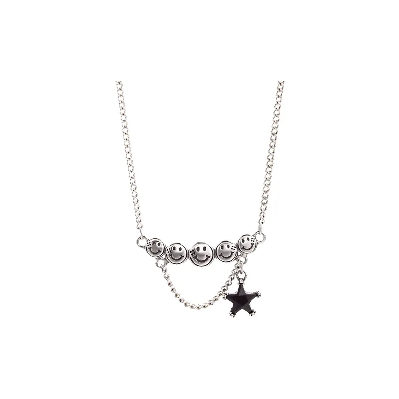Silver Smiley Five Pointed Star Necklace-0
