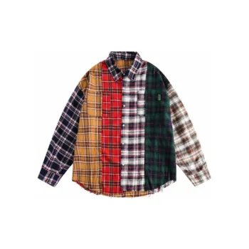 American Style Design Sense Street Retro Stitching Plaid Long Sleeve Loose Shirt