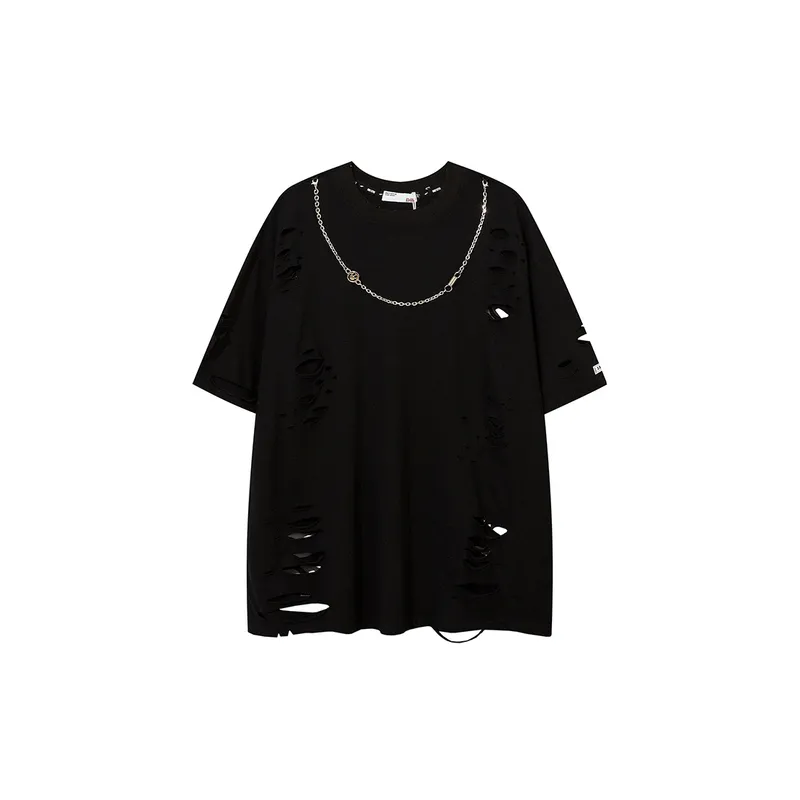 High Street Ripped Hole Cut Rotten Design Chain Short Sleeve T shirt