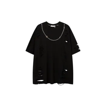 High Street Ripped Hole Cut Rotten Design Chain Short Sleeve T shirt