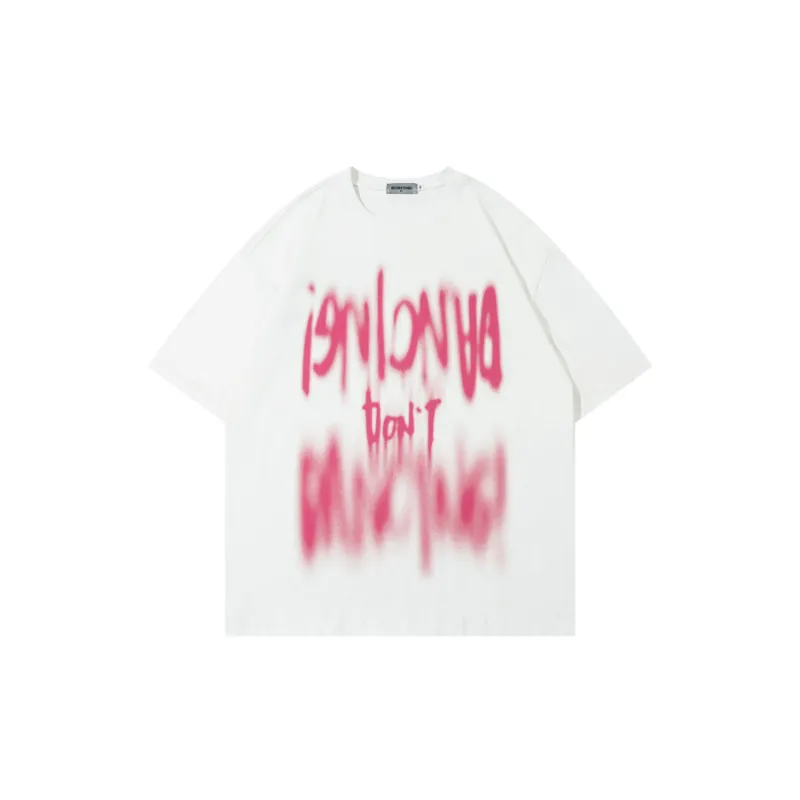 Retro Font Fuzzy Printing Craft Round Neck T shirt-0