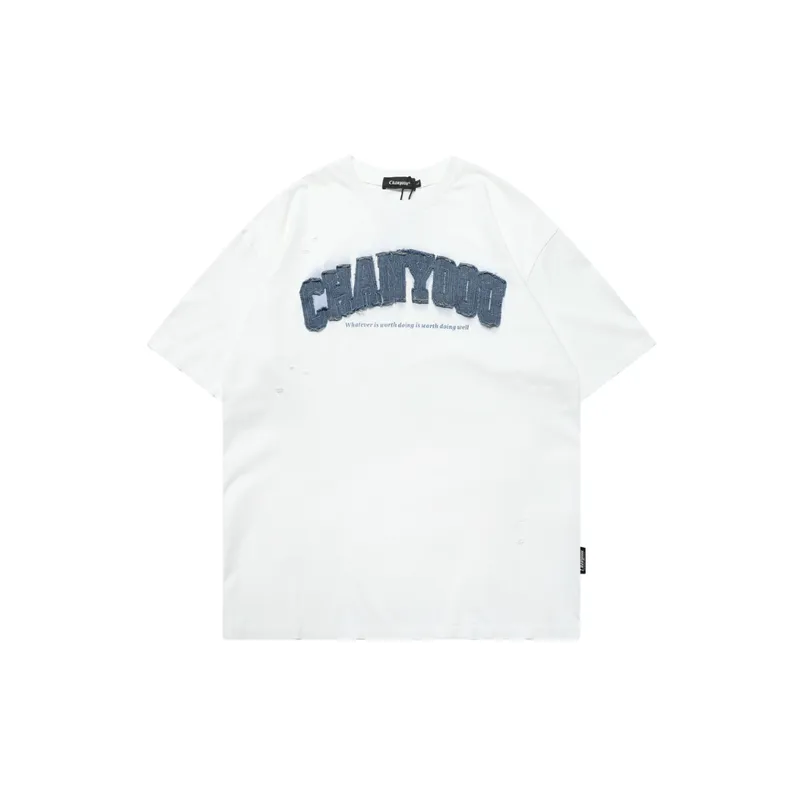 Hip Hop Embroidered Crewneck Short Sleeve Washed T shirt-0