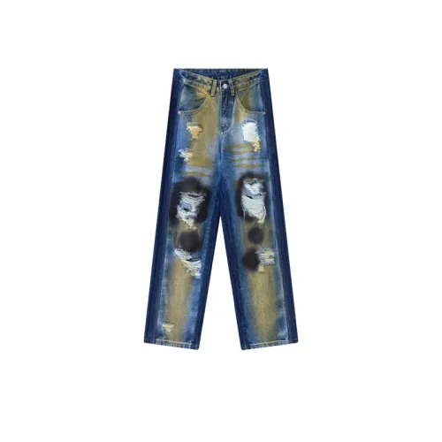 Distressed Spray Paint Contrast Color Printing Jeans