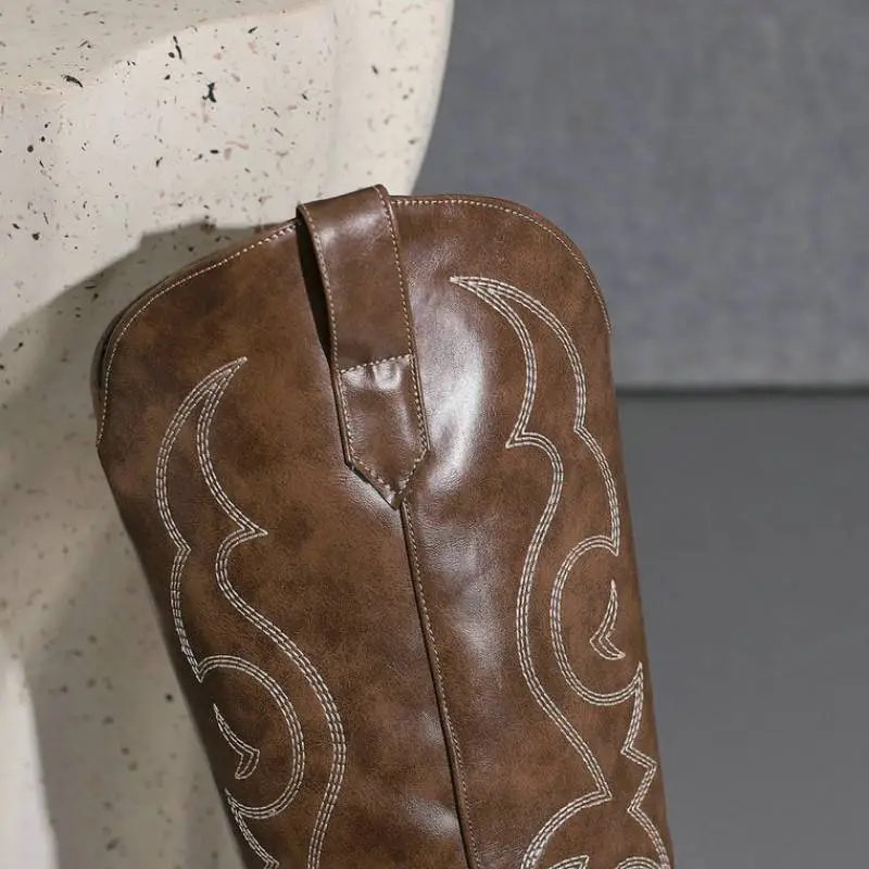Denim Embroidered Knee High Boots-3