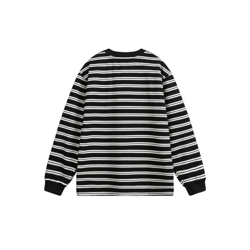 Retro Striped Long Sleeve Blended Synthetic Fabrics T Shirt-1
