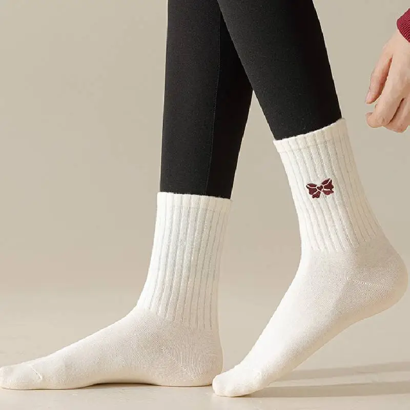 Simple Bow Combed Cotton Mid Calf Sock-8