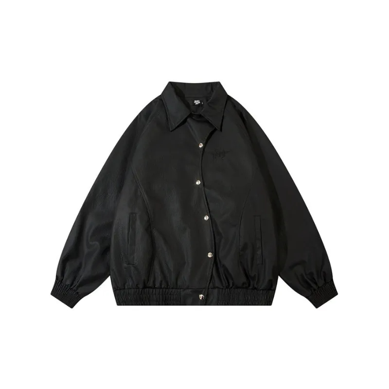 Windproof Design Sense Stitching Leather Zipper Jacket-0