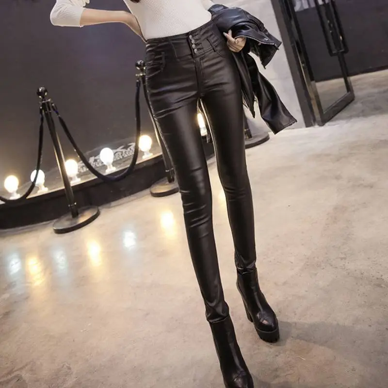 Basics Warm Polyester Leather Pants Women-2