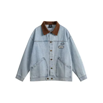 Retro Embroidered Patchwork Turn down Collar Denim Jacket