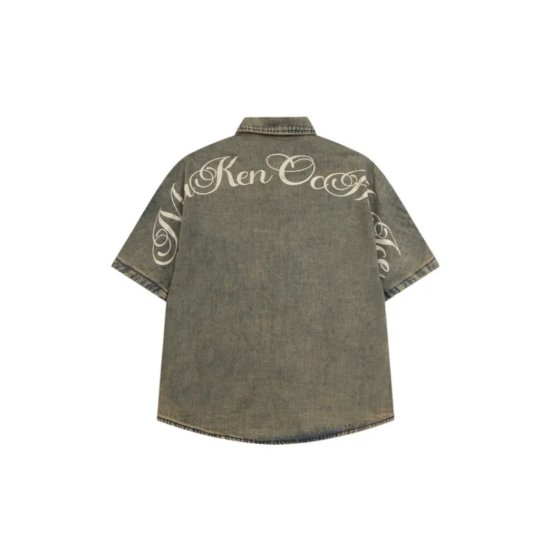 Gothic Letter Trendy Mud Dyed Denim Shirt-1