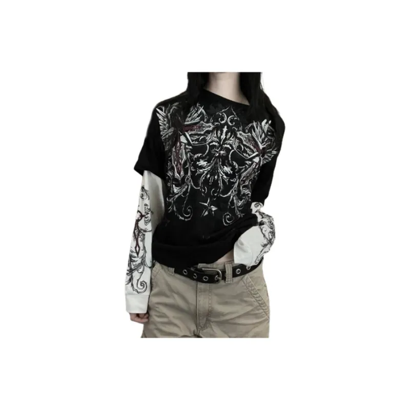 Loose Round Neck Long Sleeved Retro Printing T Shirt-2