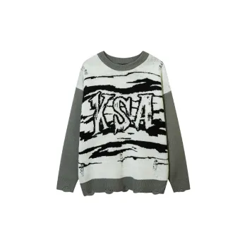 High Street Lazy Style Hole Yarn dyed Creative Pattern Loose Crewneck Sweater