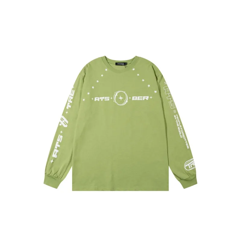 Retro Racing Elements Letters Printing Round Neck Long Sleeved T Shirt-0