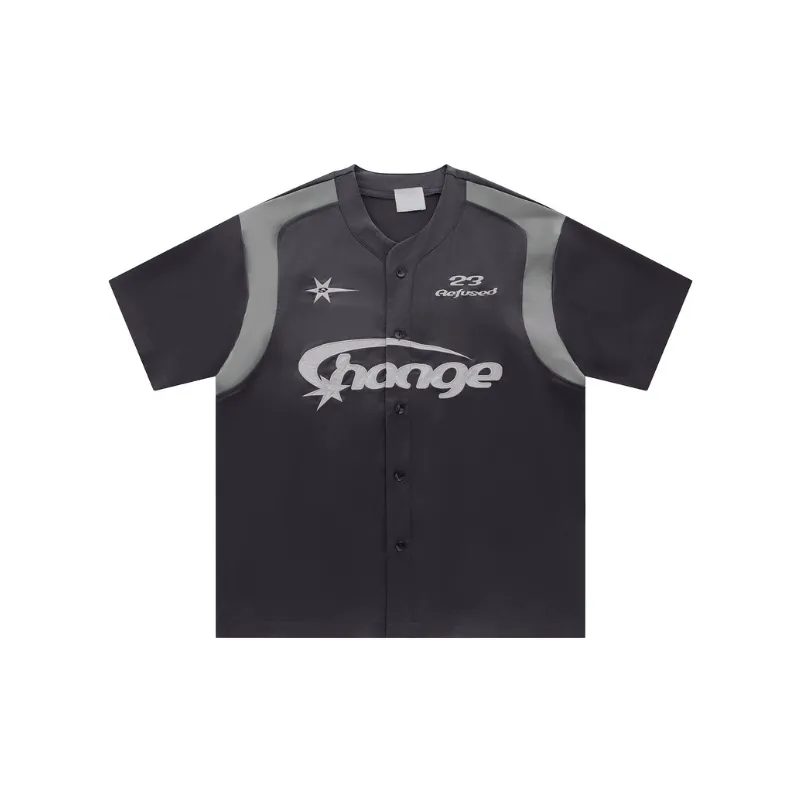 Retro Letter Embroidered Short Sleeved Shirt-0