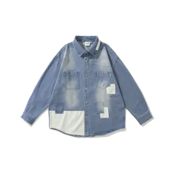 Japanese Style Vintage Patch Stitching Tooling Denim Shirt Loose Long Sleeve Shirt Jacket