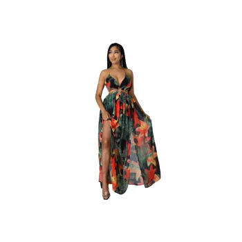 Fashionable All Over Print Four Way Stretch Fabric Slip Dress Women