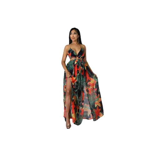 Fashionable All Over Print Four Way Stretch Fabric Slip Dress Women