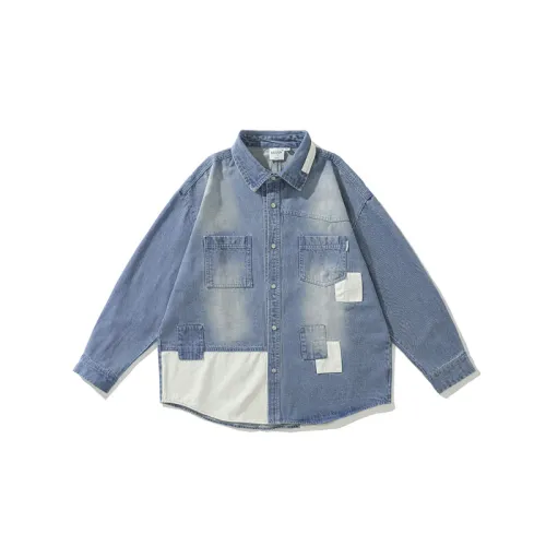 Contrasting Color Patchwork Turn-down Collar Denim Shirt