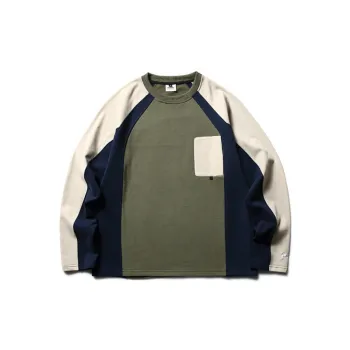 Retro Contrast Color Splicing Multi Pocket Crewneck Long Sleeve Sweatshirt