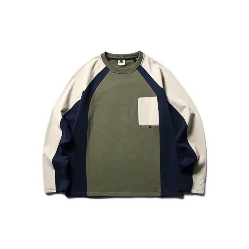 Retro Contrast Color Splicing Multi Pocket Crewneck Long Sleeve Sweatshirt-4