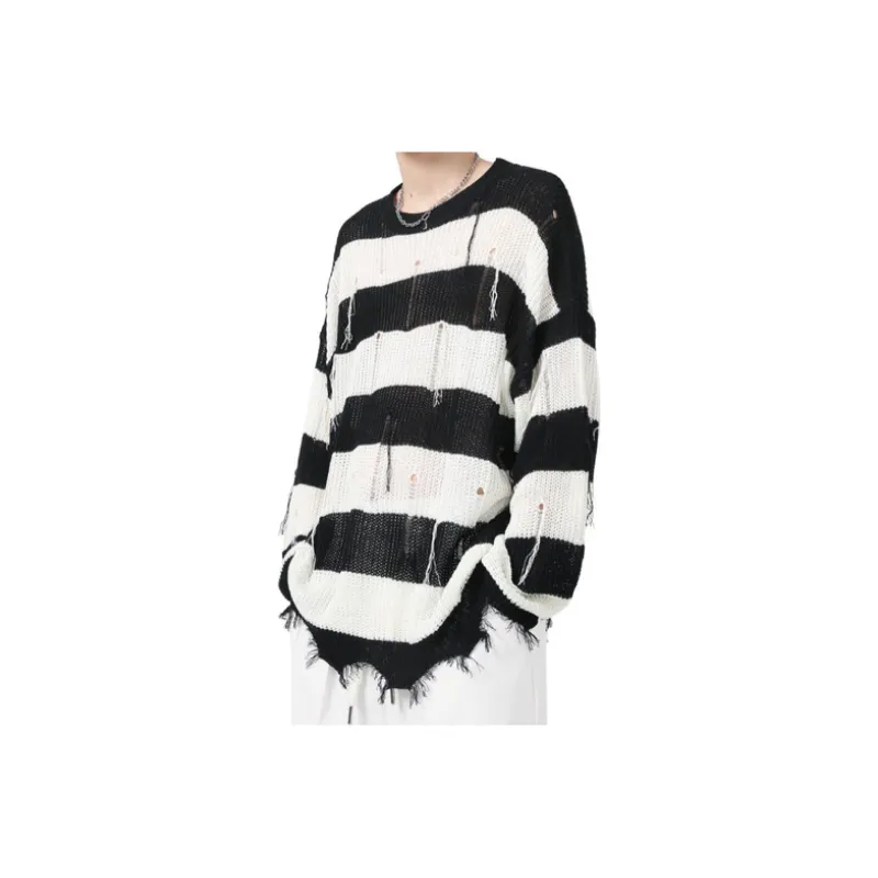 Loose Striped Tassel Hole Pullover Sweater-2