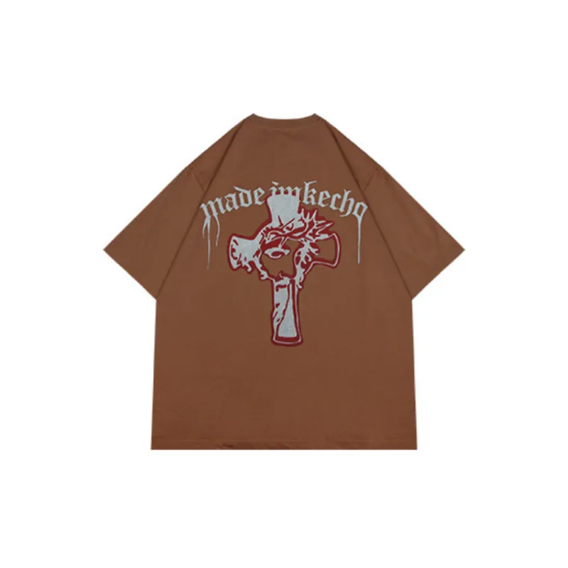 Vintage Cross Printed Washed Short sleeved T shirt-9