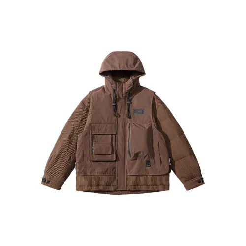 Color matching Retro Multi pocket Fake Two piece Hooded Down Jacket