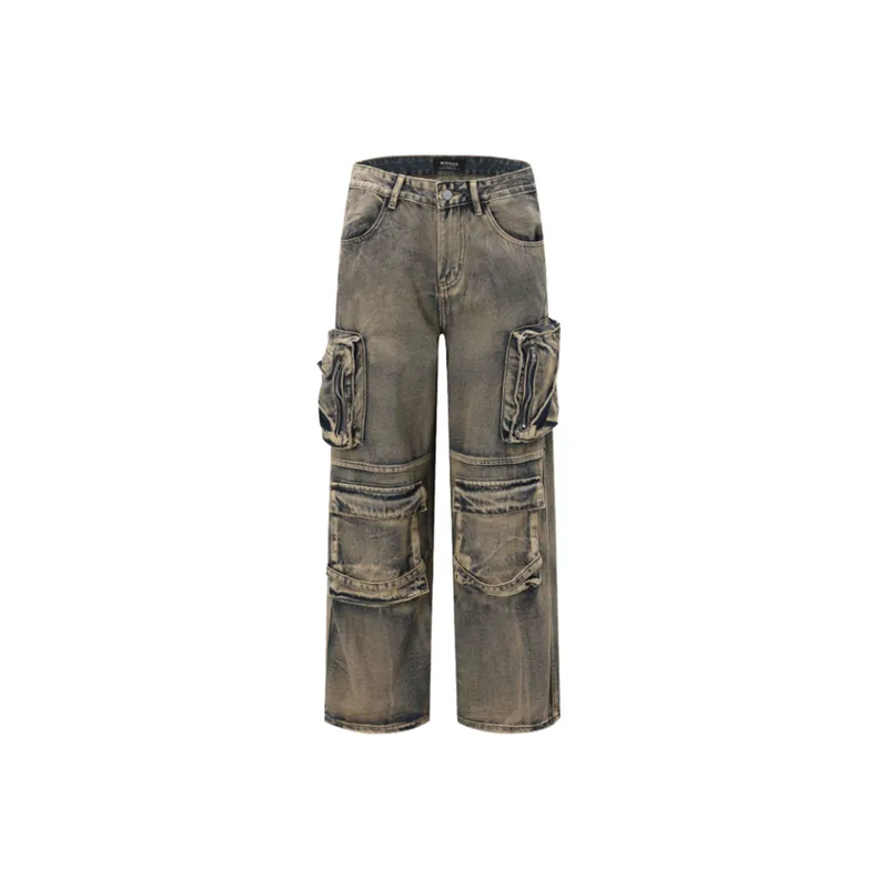 High Street Washed Old Stitching Multi Pocket Denim Crane Pants