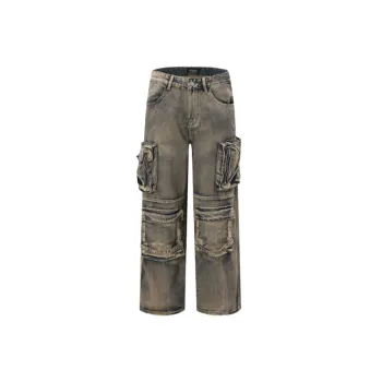 High Street Washed Old Stitching Multi Pocket Denim Crane Pants