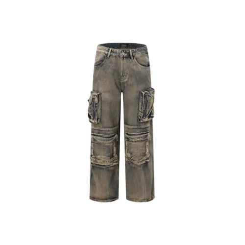High Street Washed Old Stitching Multi Pocket Denim Crane Pants