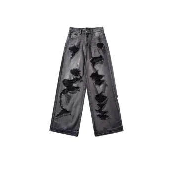 Vintage Scraped Hole Old Washed Hole Black Jeans