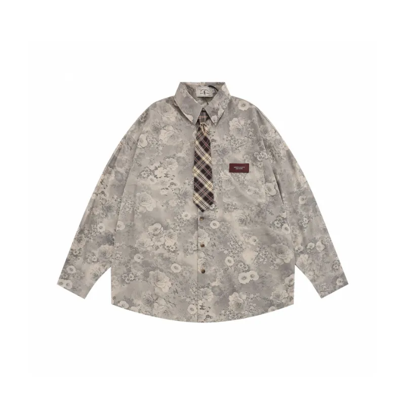 Loose Retro Floral Full Print Long Sleeve Shirt-4