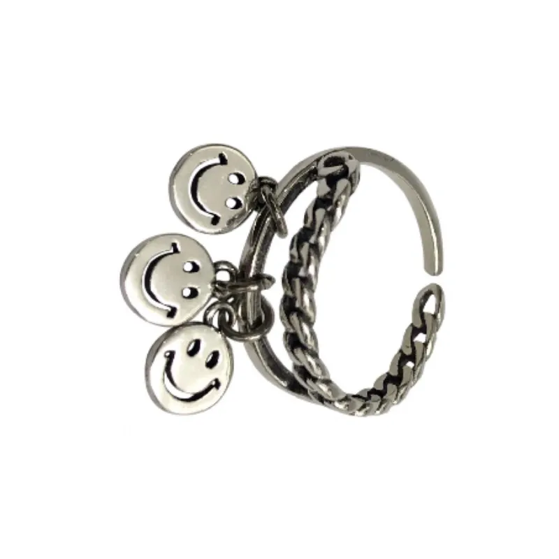 South Korea Dongdaemun Smiley Chain Double layer Tassel Ring Women's Ring Retro Open Distinctive Ring-0
