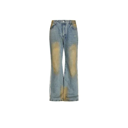 High Street Vintage Washed Faded Yellow Bar Stitching Wide Leg Loose Microlar Jeans