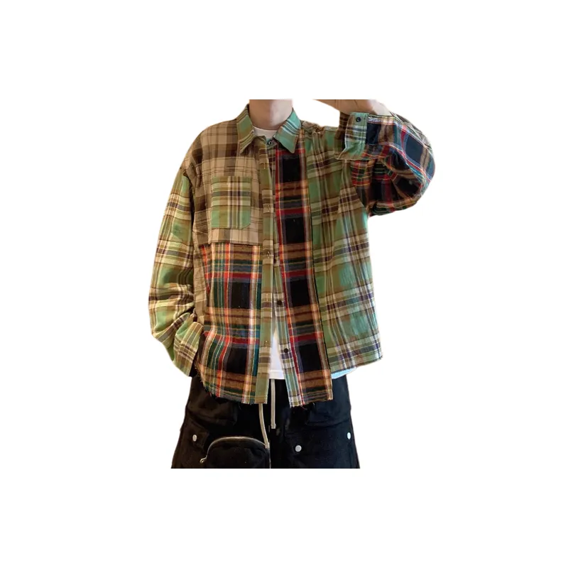 Retro Contrast Color Plaid Stitching Shirt-2