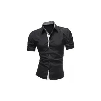 Casual Contrast Color Short Sleeved Cotton Blended Fabric Shirt