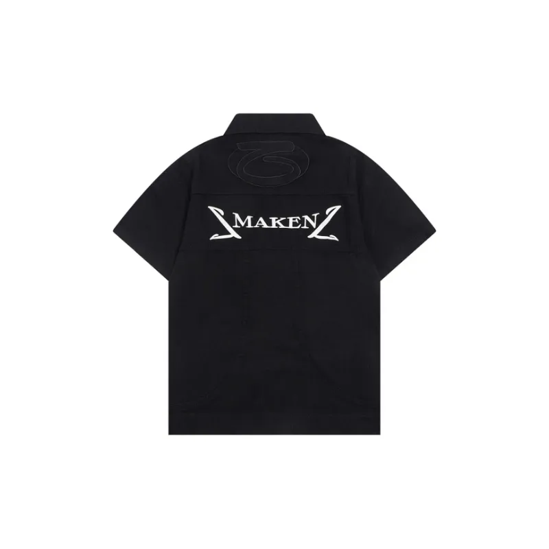 Hip Hop Letter Print Lapel Denim Short Sleeved Shirt-1