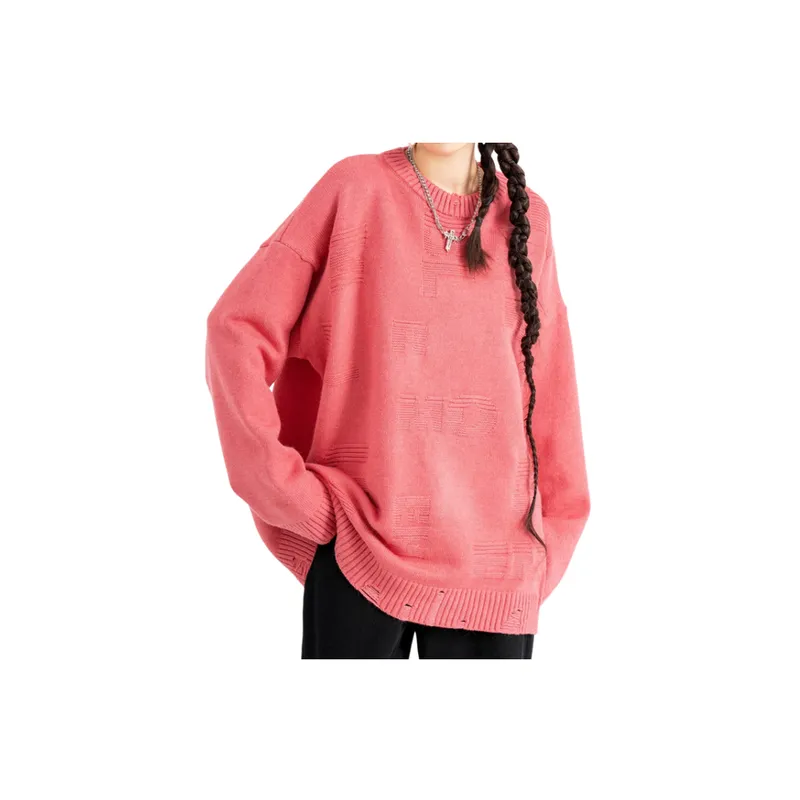 New Irregular Three dimensional Letters Jacquard Pink Round Neck Hole Base Sweater-2
